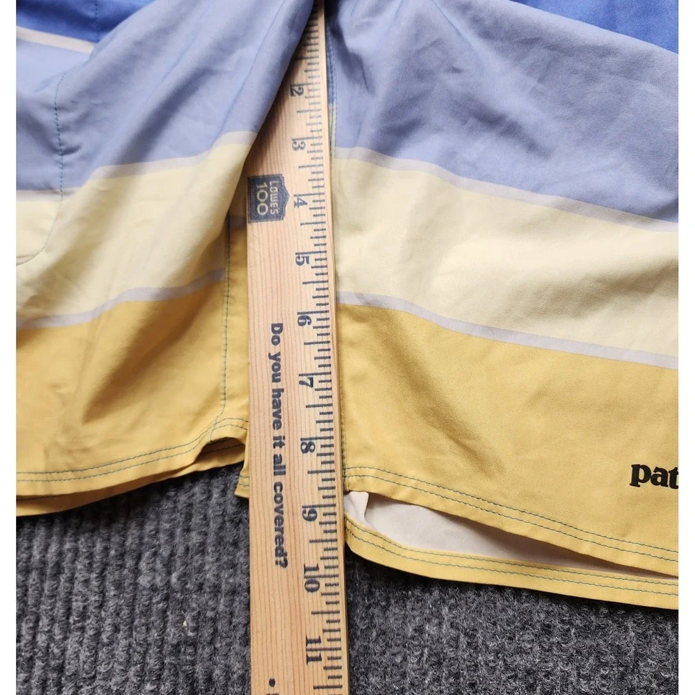 Patagonia Mens Board Shorts Size 30 Blue Yellow Striped Swim Trunks Surf‎